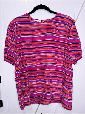 Jan Leslie Fuchsia & Orange Striped Short Sleeve Silk Top